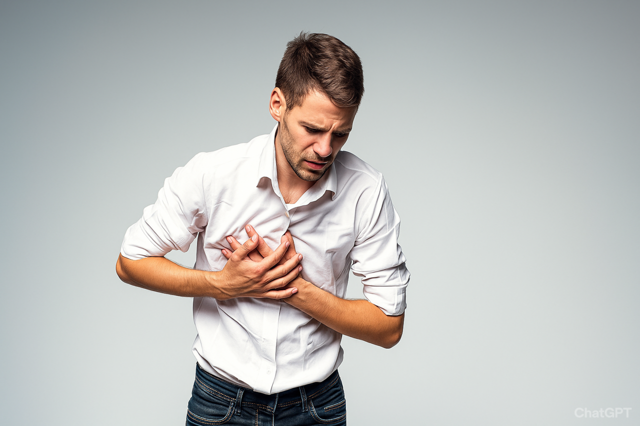 A man clutching the right side of his chest, displaying a pained expression, indicating distress