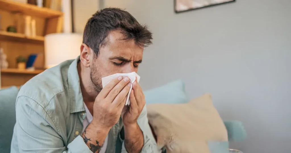 Man suffering from cold or allergies, sneezing into a tissue.