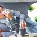 A woman suffering from influenza rests on a couch beside an illustration of the influenza virus.