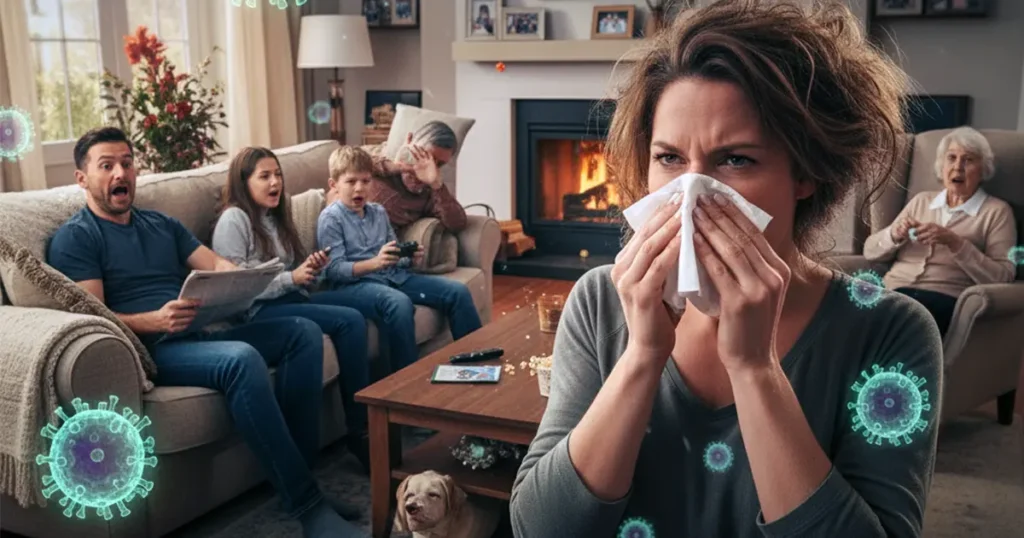 Sneezing woman spreading germs at home.