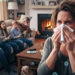 Sneezing woman spreading germs at home.