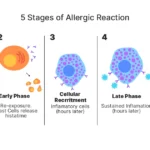A beaVisual representation of the 5 stages of allergic reaction, detailing each phase from initial exposure to severe response.