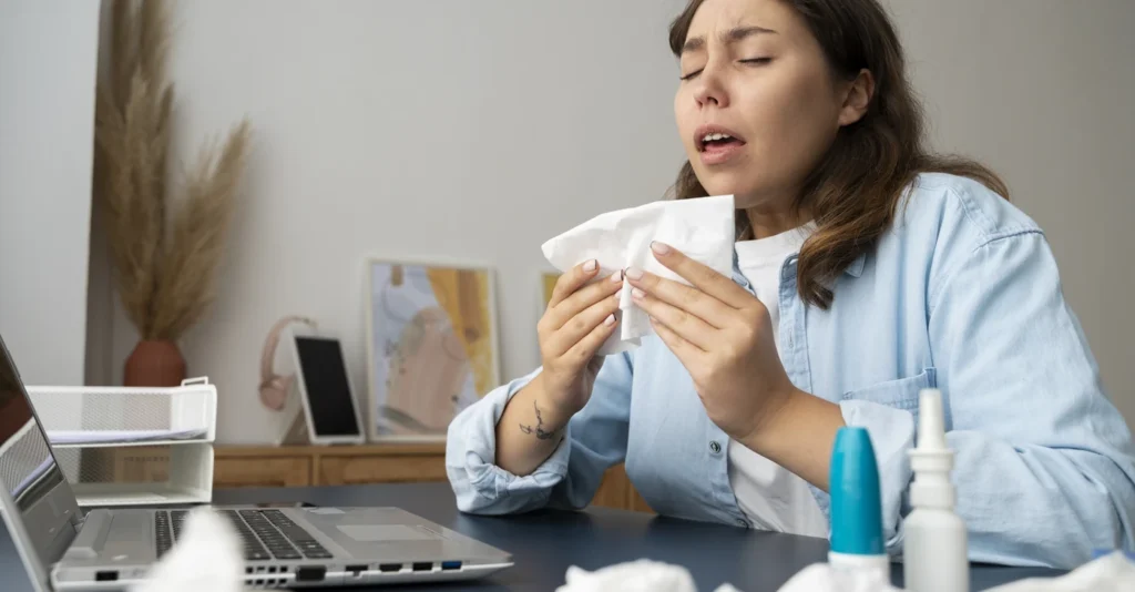 A woman in a light blue shirt holds a tissue to her nose, eyes closed and looking unwell, with tissues and medicine on a desk nearby.