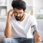 Man checking blood pressure while feeling dizzy from dehydration.