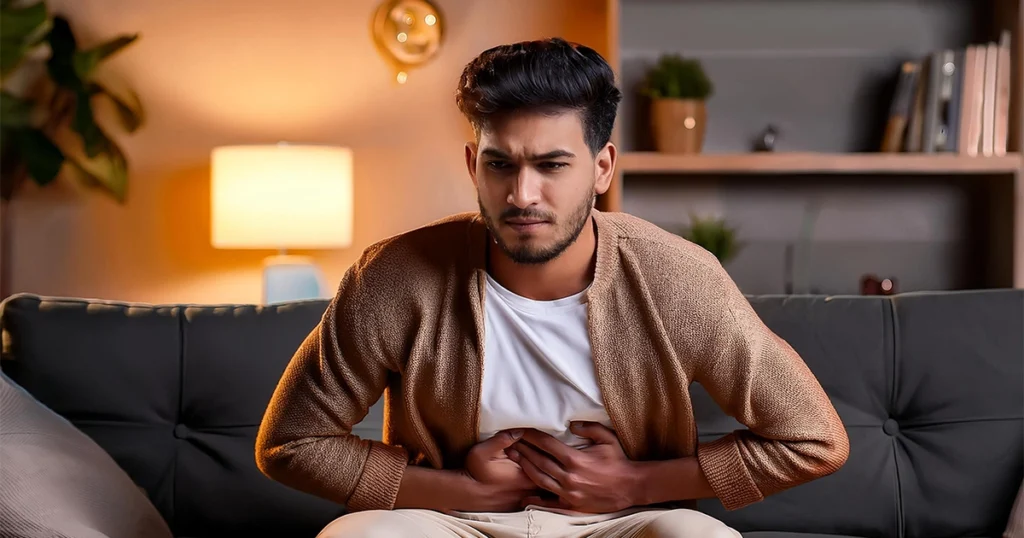 Man holding his stomach while experiencing nighttime pain.