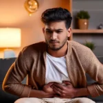 Man holding his stomach while experiencing nighttime pain.