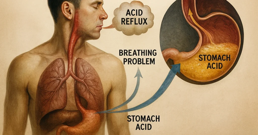 Illustration of GERD causing breathing issues from stomach acid entering the esophagus.