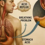 Illustration of GERD causing breathing issues from stomach acid entering the esophagus.