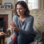 Woman sitting indoors holding her painful, aching wrist.