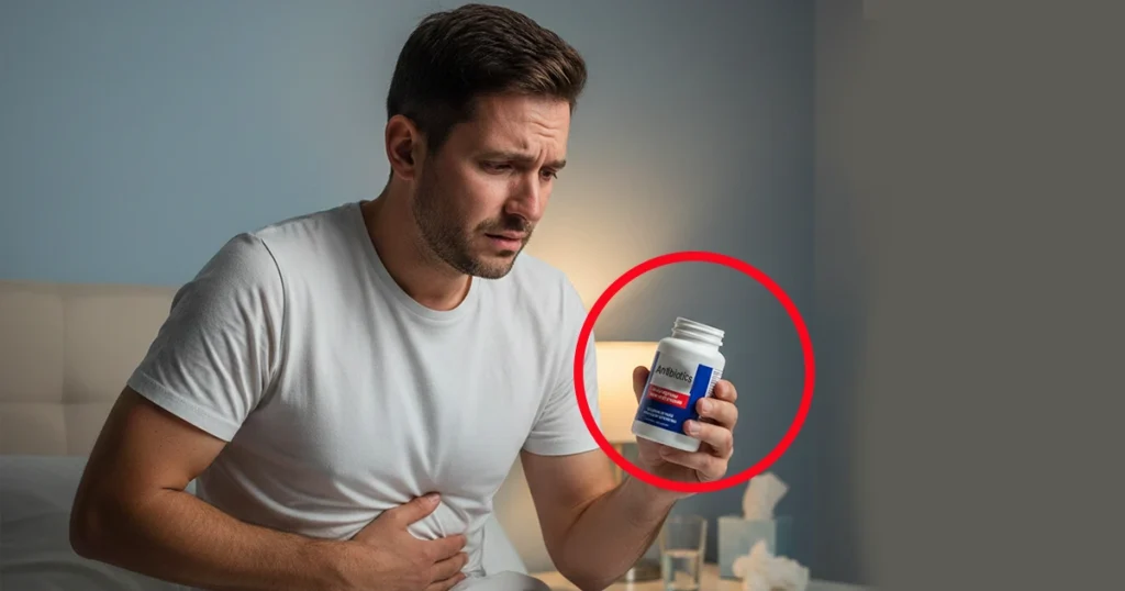 Man holding his stomach while looking at an antibiotic bottle in concern.