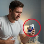 Man holding his stomach while looking at an antibiotic bottle in concern.