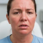 Close-up of a woman with irritated, itchy, red skin on her face.