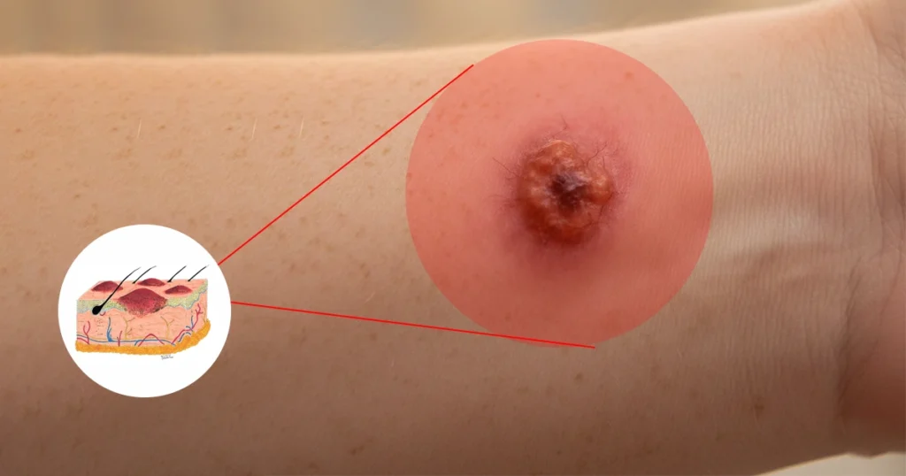 Close-up of a skin lesion with a diagram of skin layers.