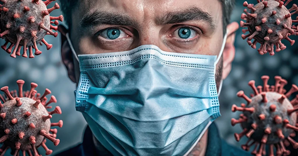 Man wearing a surgical mask surrounded by COVID virus particles.