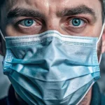 Man wearing a surgical mask surrounded by COVID virus particles.