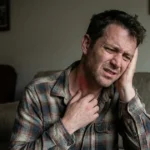 Man holding his head and throat in visible pain.