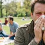 A man with hay fever sneezes into a tissue while a group picnics comfortably in the background.