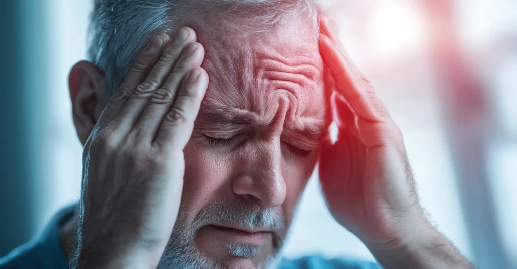Older man pressing both hands to his temples in pain, a possible warning sign of a stroke