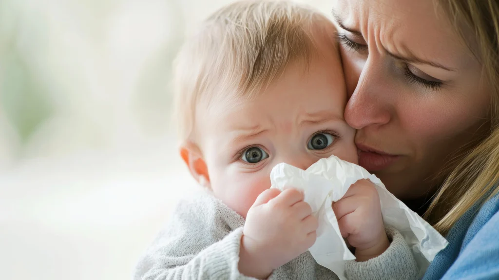 A worried mother kisses her baby’s head as the child clutches a tissue, suggesting a tender moment of comfort during illness.