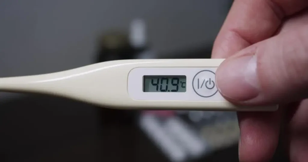 A close-up of a digital thermometer displaying a fever-grade temperature, held by a person in a soft-lit, comfortable bedroom setting.