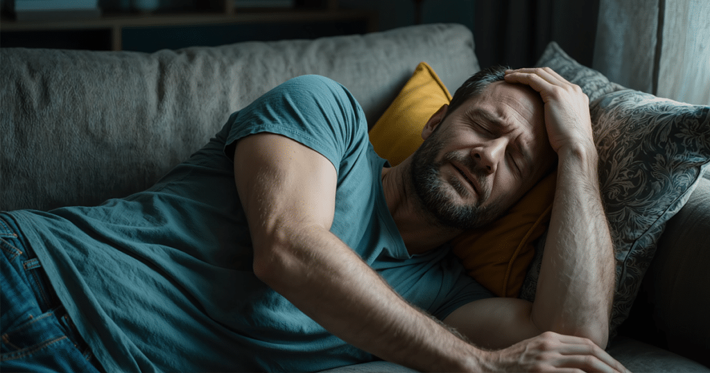 A middle-aged man lying on a couch, grimacing and holding his forehead in pain.