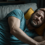 A middle-aged man lying on a couch, grimacing and holding his forehead in pain.