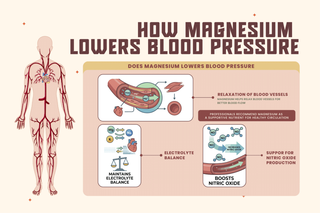 An educational infographic titled "How Magnesium Lowers Blood Pressure" featuring biological diagrams.