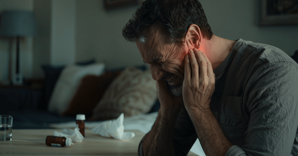 A middle-aged man clutching his jaw and ear in intense pain.