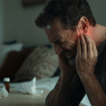 A middle-aged man clutching his jaw and ear in intense pain.