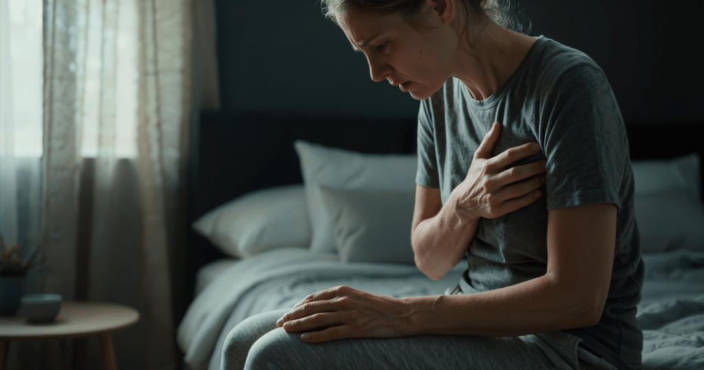A woman sitting on the edge of a bed, hunched over and clutching her chest in discomfort.