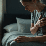 A woman sitting on the edge of a bed, hunched over and clutching her chest in discomfort.