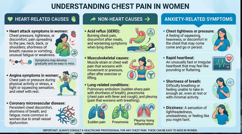 An educational infographic titled "Understanding Chest Pain in Women," categorizing symptoms into Heart-Related Causes, Non-Heart Causes, and Anxiety-Related Symptoms.