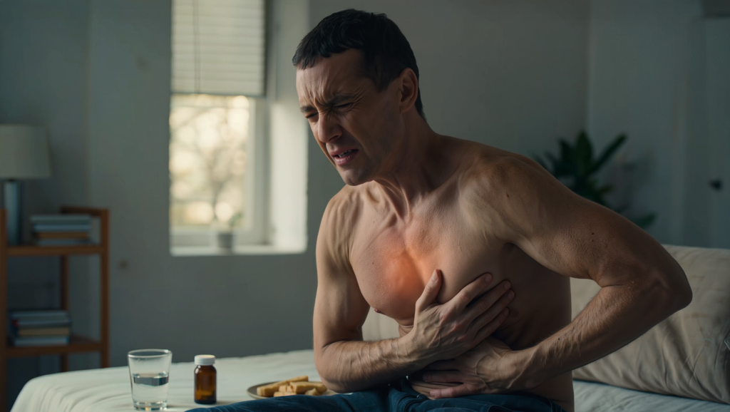 A shirtless man sitting on a bed, clutching his chest and stomach in visible pain.