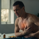 A shirtless man sitting on a bed, clutching his chest and stomach in visible pain.