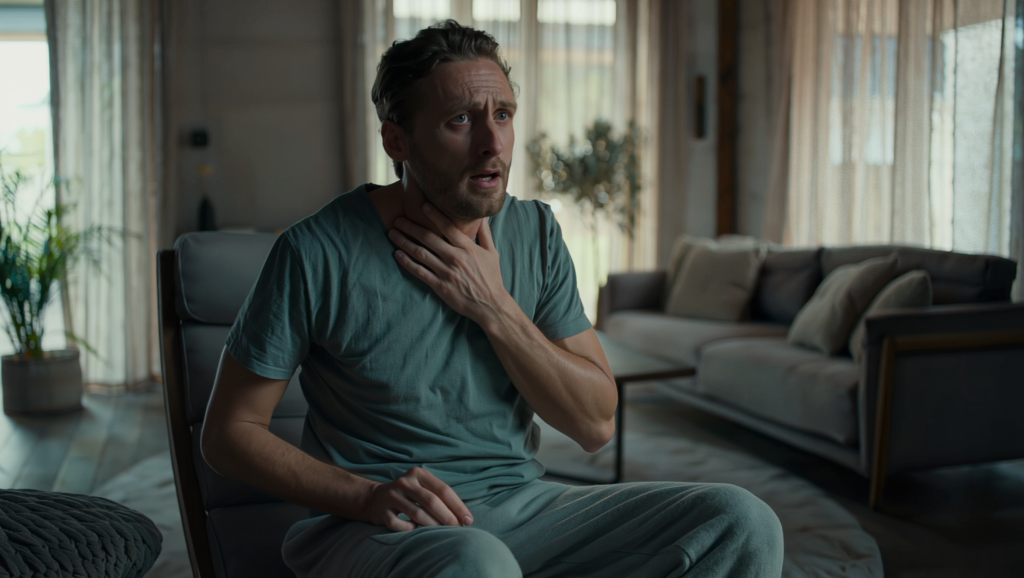 A man sitting in a living room with a distressed expression, holding his hand to his throat.