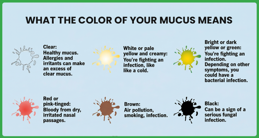 An educational infographic titled "What the Color of Your Mucus Means" with six color-coded splats and explanations.