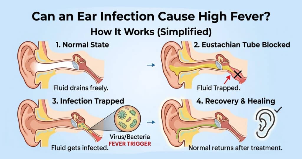Colorful infographic explaining why ear infections are more common in children, featuring causes like frequent colds, developing immune systems, daycare exposure, infant sleeping habits, and poor hygiene with playful cartoon illustrations.