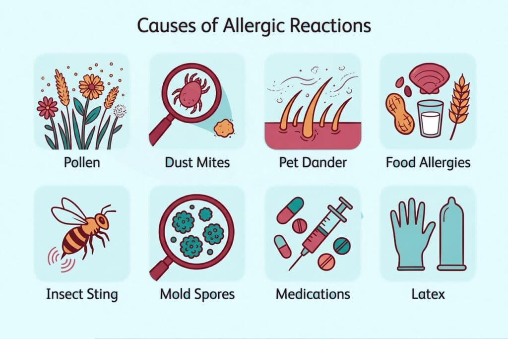 A grid infographic titled "Causes of Allergic Reactions" on a light blue background features eight icons representing causes of allergies.