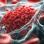 A microscopic 3D illustration of a blood clot cluster trapped within the fibrous tissue mesh of a lung blood vessel.
