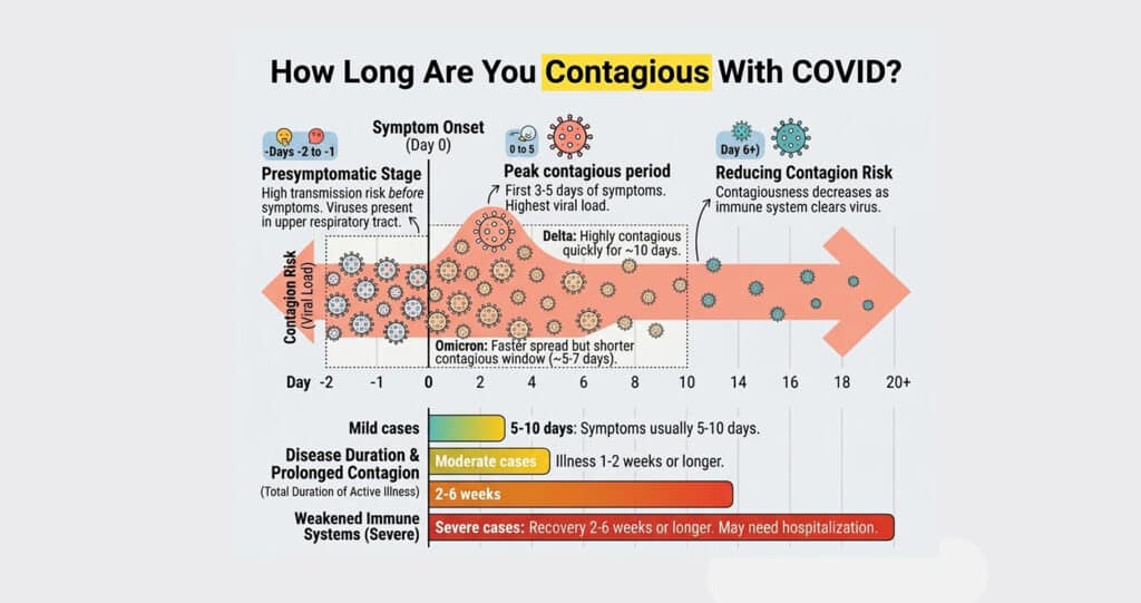 Infographic comparing the duration, symptoms, and contagiousness timelines of the Alpha, Delta, and Omicron COVID-19 variants.