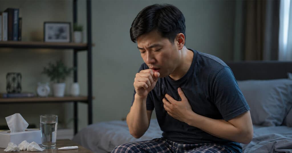 Sick man coughing and clutching chest.