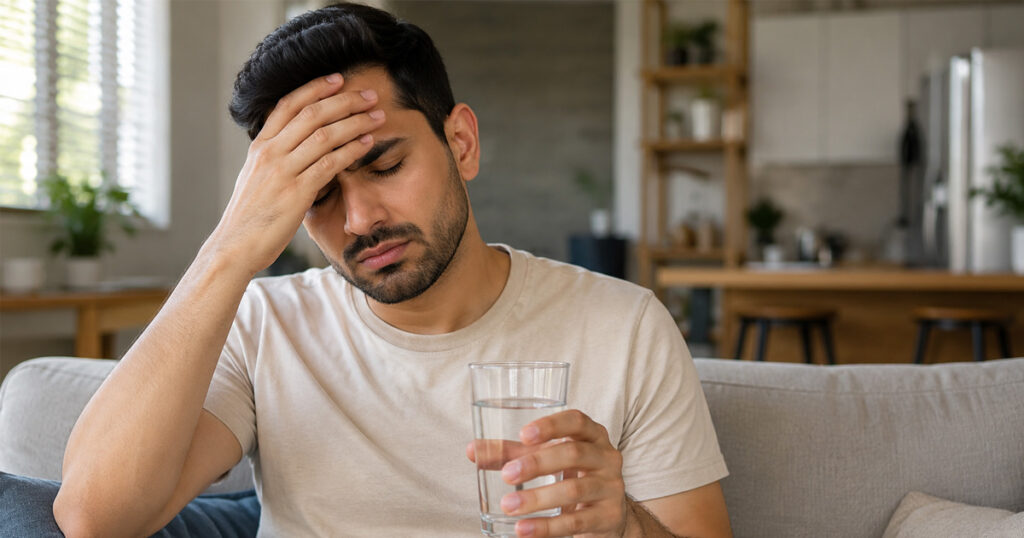 Man holding a glass of water and pressing his forehead while sitting on a couch.
