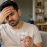 Man holding a glass of water and pressing his forehead while sitting on a couch.