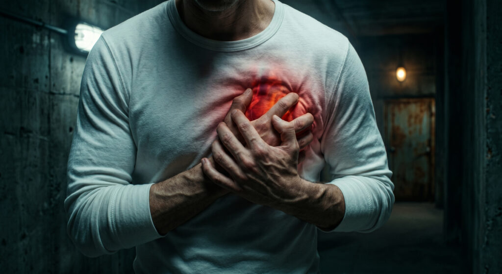 Person in a white shirt clutching chest in pain with a glowing red heart overlay, illustrating a heart attack or cardiac distress in a dark setting.