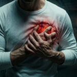 Person in a white shirt clutching chest in pain with a glowing red heart overlay, illustrating a heart attack or cardiac distress in a dark setting.