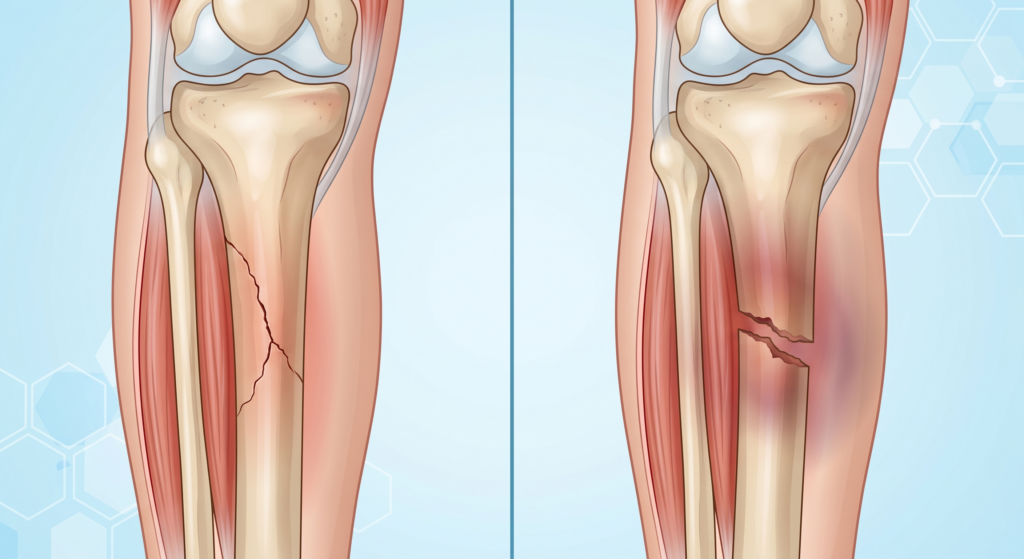 A side-by-side medical illustration of a human lower leg comparing a bone with a hairline crack on the left to a completely broken, separated bone with surrounding tissue bruising on the right.