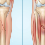 A side-by-side medical illustration of a human lower leg comparing a bone with a hairline crack on the left to a completely broken, separated bone with surrounding tissue bruising on the right.