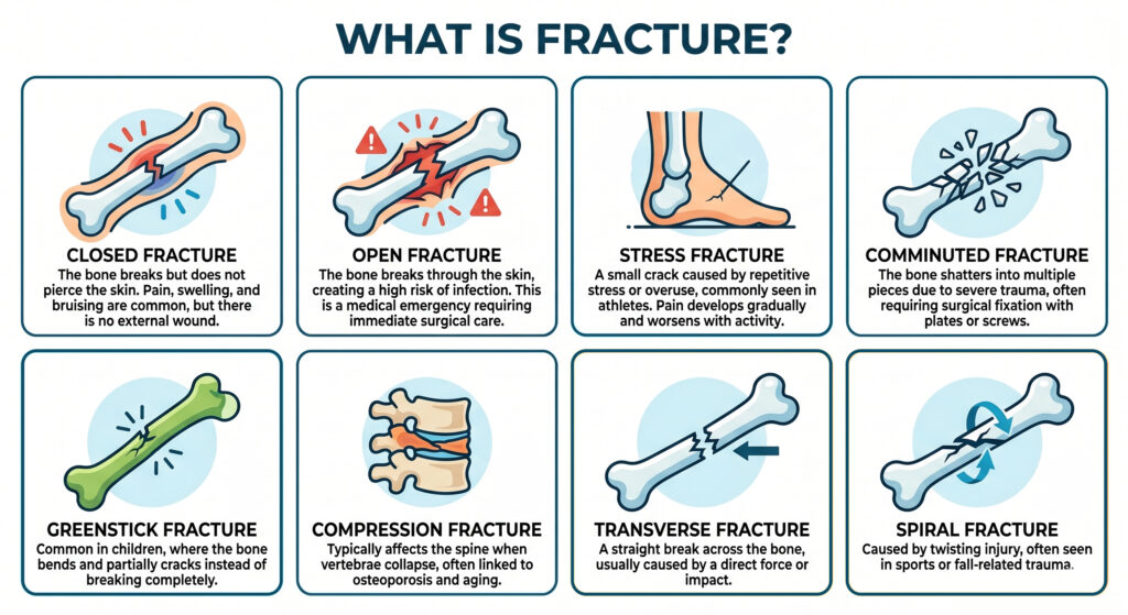 An educational infographic titled "What is Fracture?" that illustrates and provides brief descriptions for eight different types of bone fractures: closed, open, stress, comminuted, greenstick, compression, transverse, and spiral.