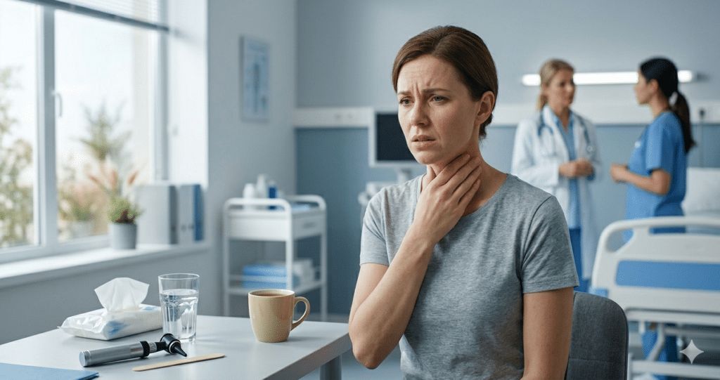 A woman holding her throat in pain while sitting in a medical clinic with doctors in the background.