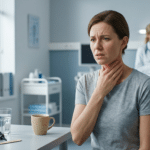 A woman holding her throat in pain while sitting in a medical clinic with doctors in the background.